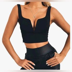 Deep V Neck Crop Top Black Small